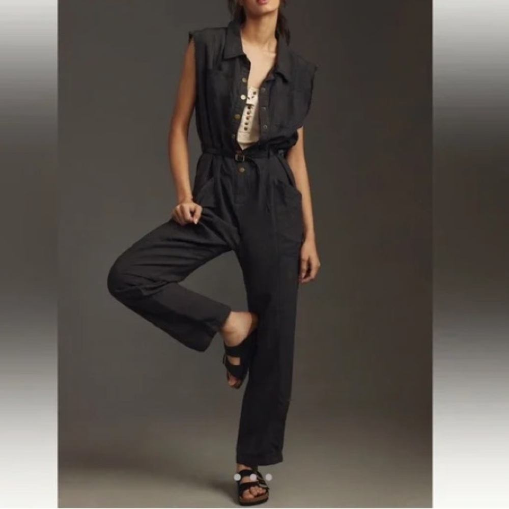 Anthropologie‎ Pilcro Mechanic Sleeveless Linen Jumpsuit - Size M - Black - NWOT